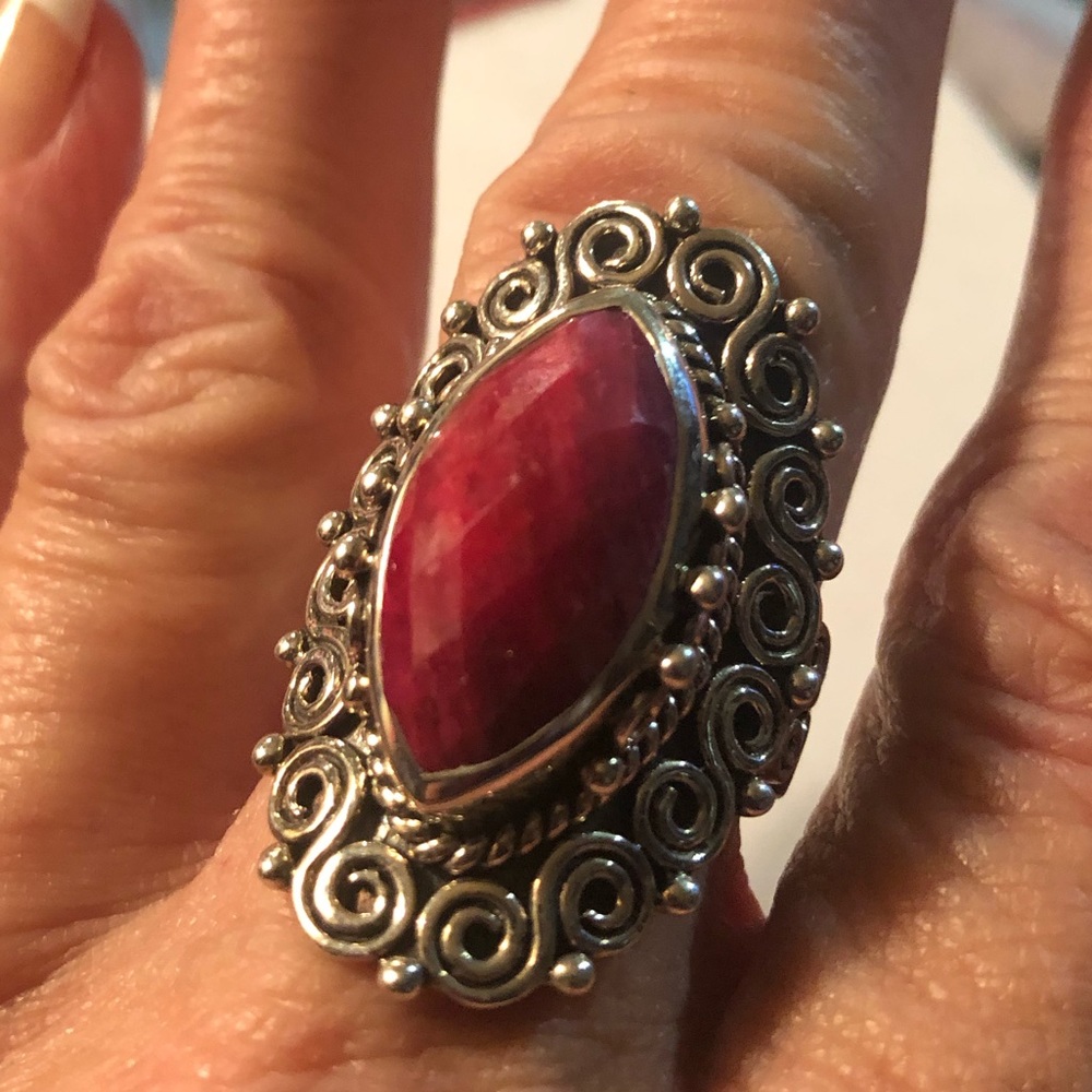 Silver Filigree Ring with Marquise Pink Stone